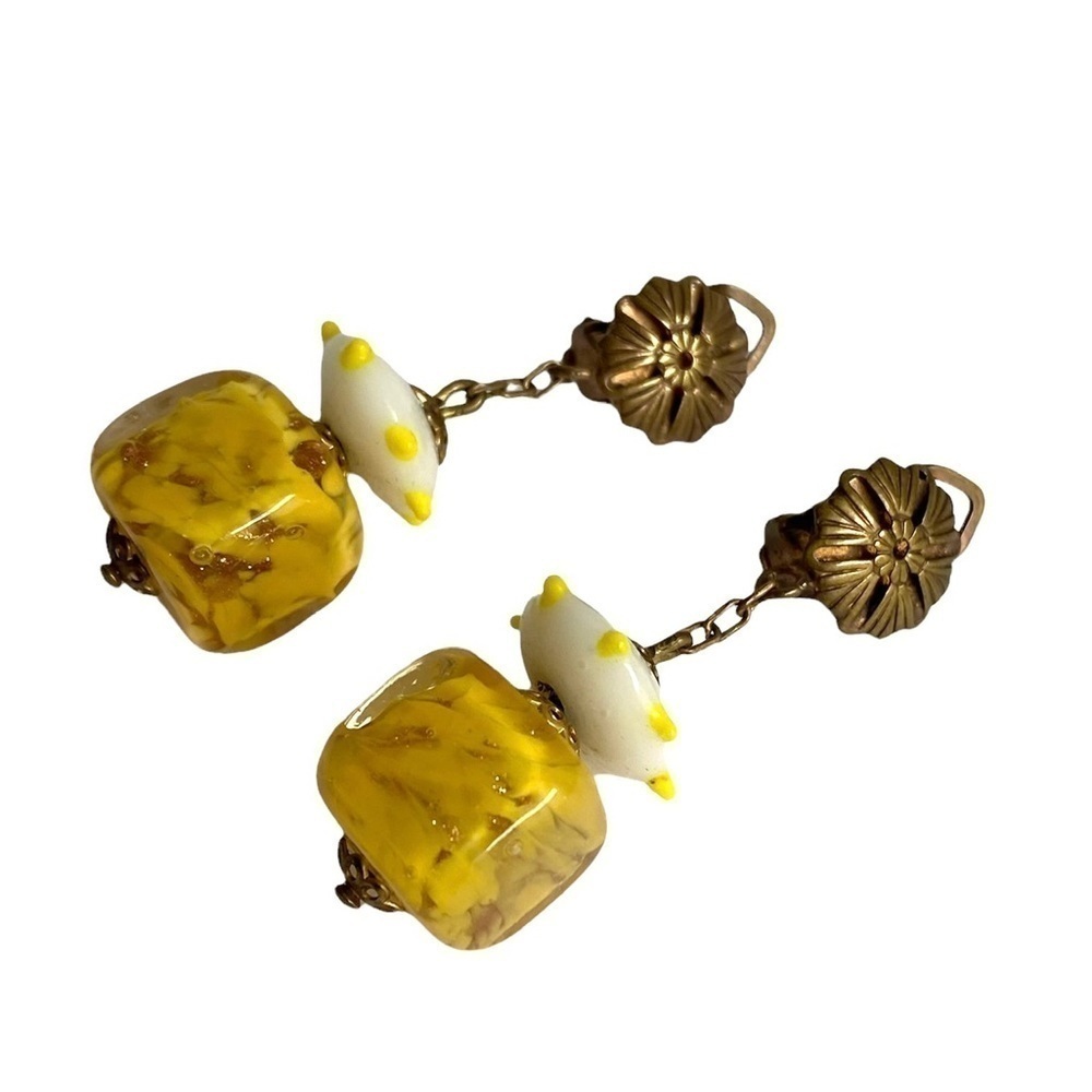 Vintage Blown Glass Clip-On Earrings Yellow White Italian Beads Bronze 60s